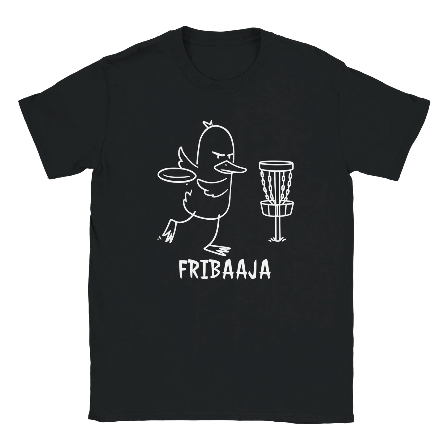 Mustavalkoinen T-paita, jossa ankka heittää frisbeetä frisbeegolfrataan