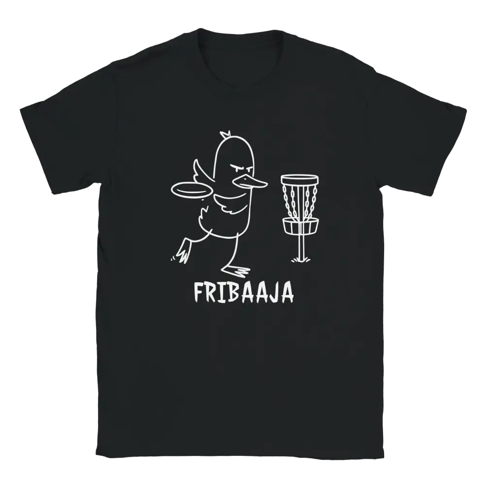 Mustavalkoinen T-paita, jossa ankka heittää frisbeetä frisbeegolfrataan