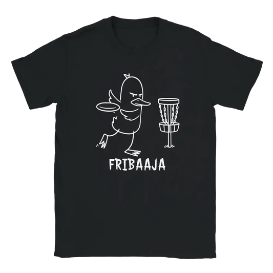 Mustavalkoinen T-paita, jossa ankka heittää frisbeetä frisbeegolfrataan