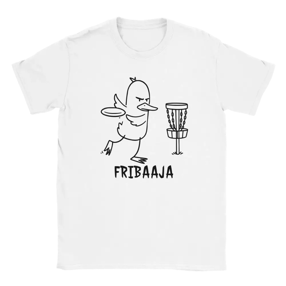 Fribaaja T-paita valkoinen t-paita mustalla linjakuvalla vihaisesta ankkasta disc golfissa