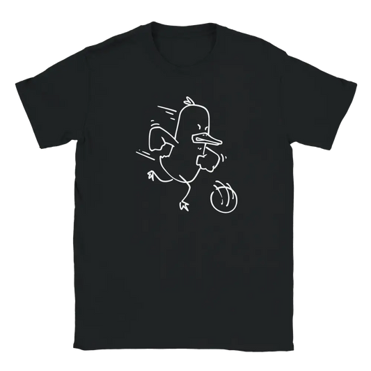 Mustavalkoinen Futis Ankka - T-paita, jossa valkoinen ankka pelaa jalkapalloa