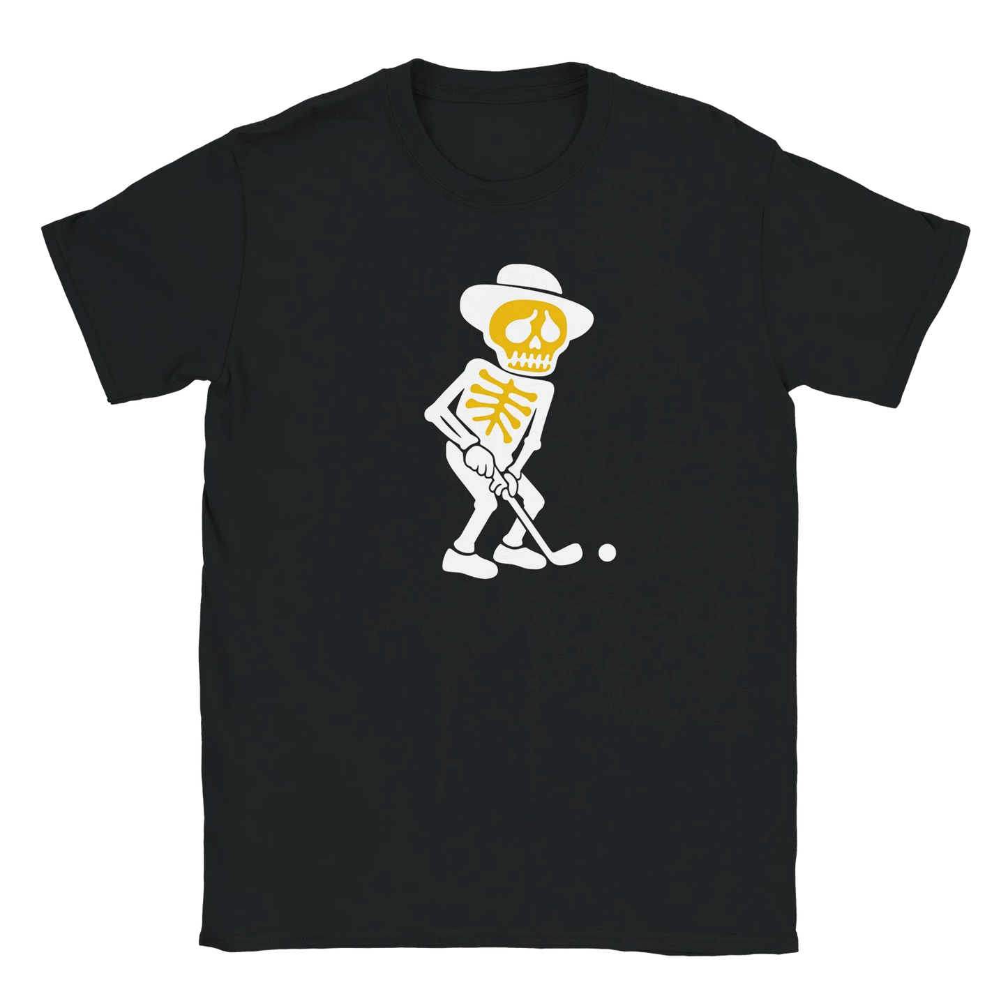 Black short-sleeve T-paita with skeleton playing golf graphic for Greenin Kirous