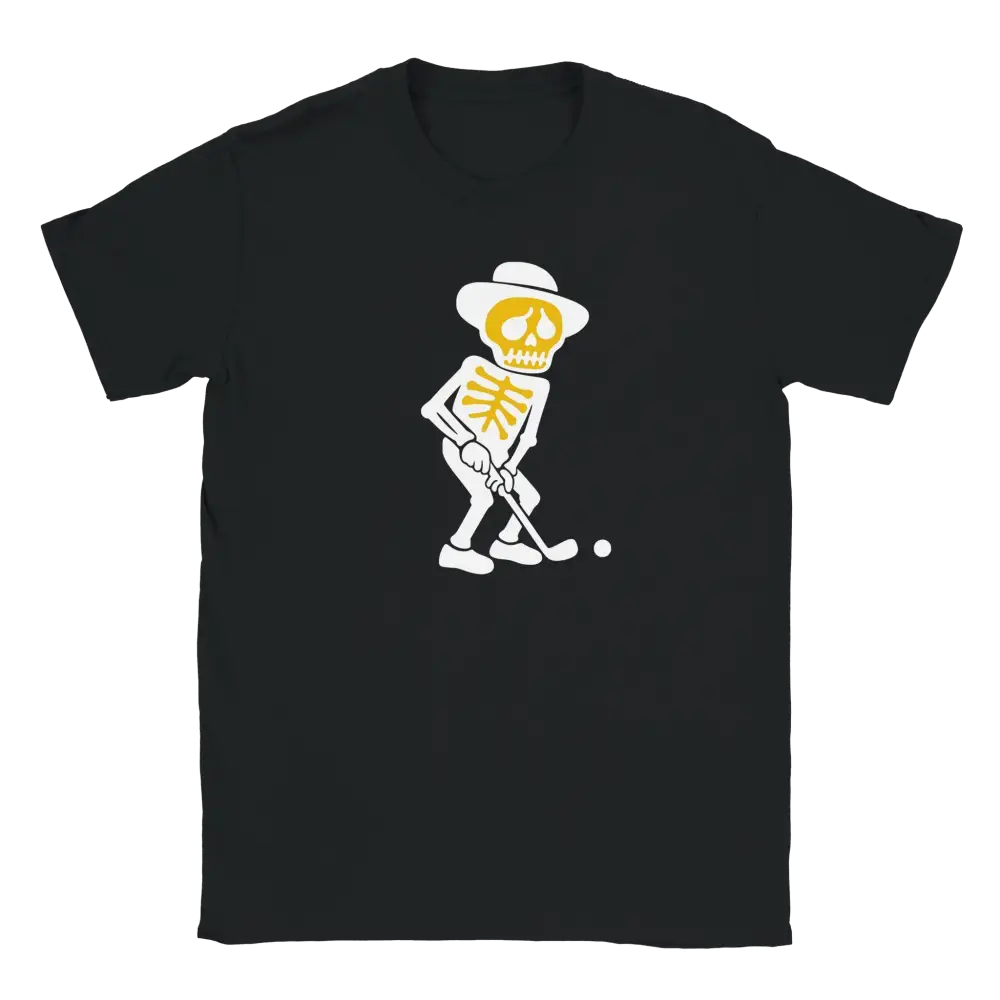 Black short-sleeve T-paita with skeleton playing golf graphic for Greenin Kirous