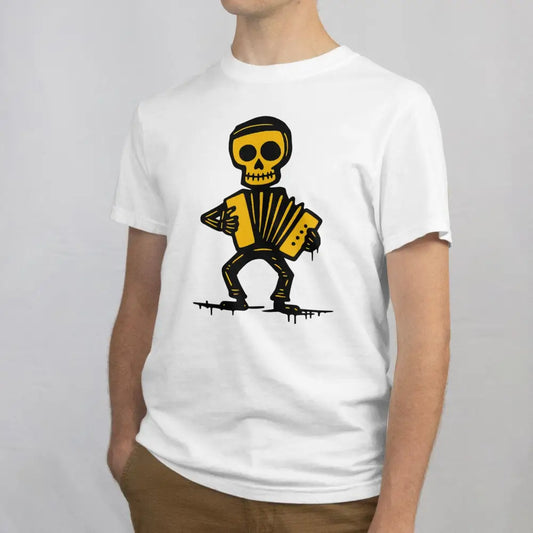 Haitaristi T-paita valkoinen crew-neck t-paita ja keltainen ja musta sarjakuvaskeletoni soittaa haitaria