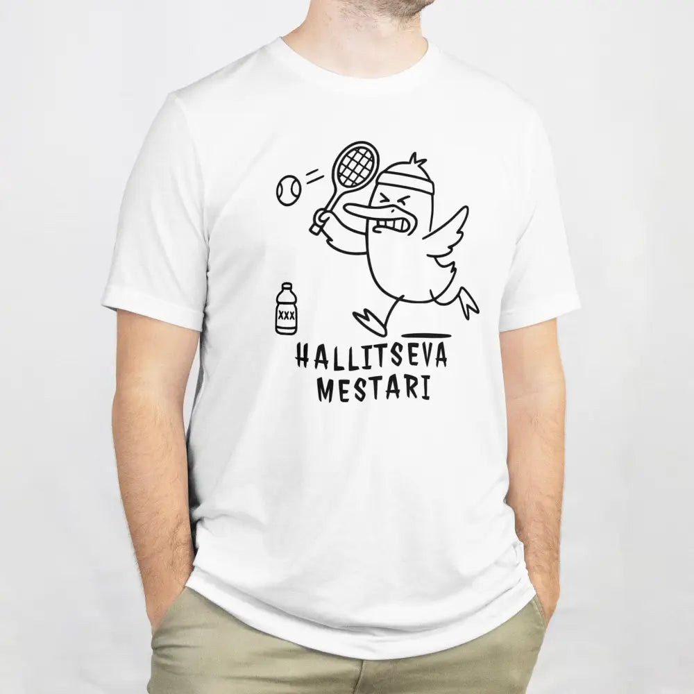 Hallitseva Mestari valkoinen crew-neck t-paita, jossa karikatyyri ankka pelaa tennistä
