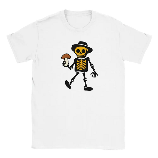 Valkoinen lyhythihainen T-paita Skeletonin ja sienten grafiikalla Herkkutattihaukka