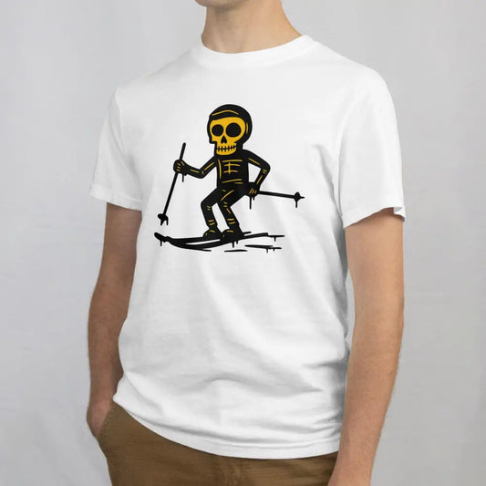 Valkoinen Hiihtäjä T-paita, jossa sarjakuvamainen luuranko hiihtäjä design