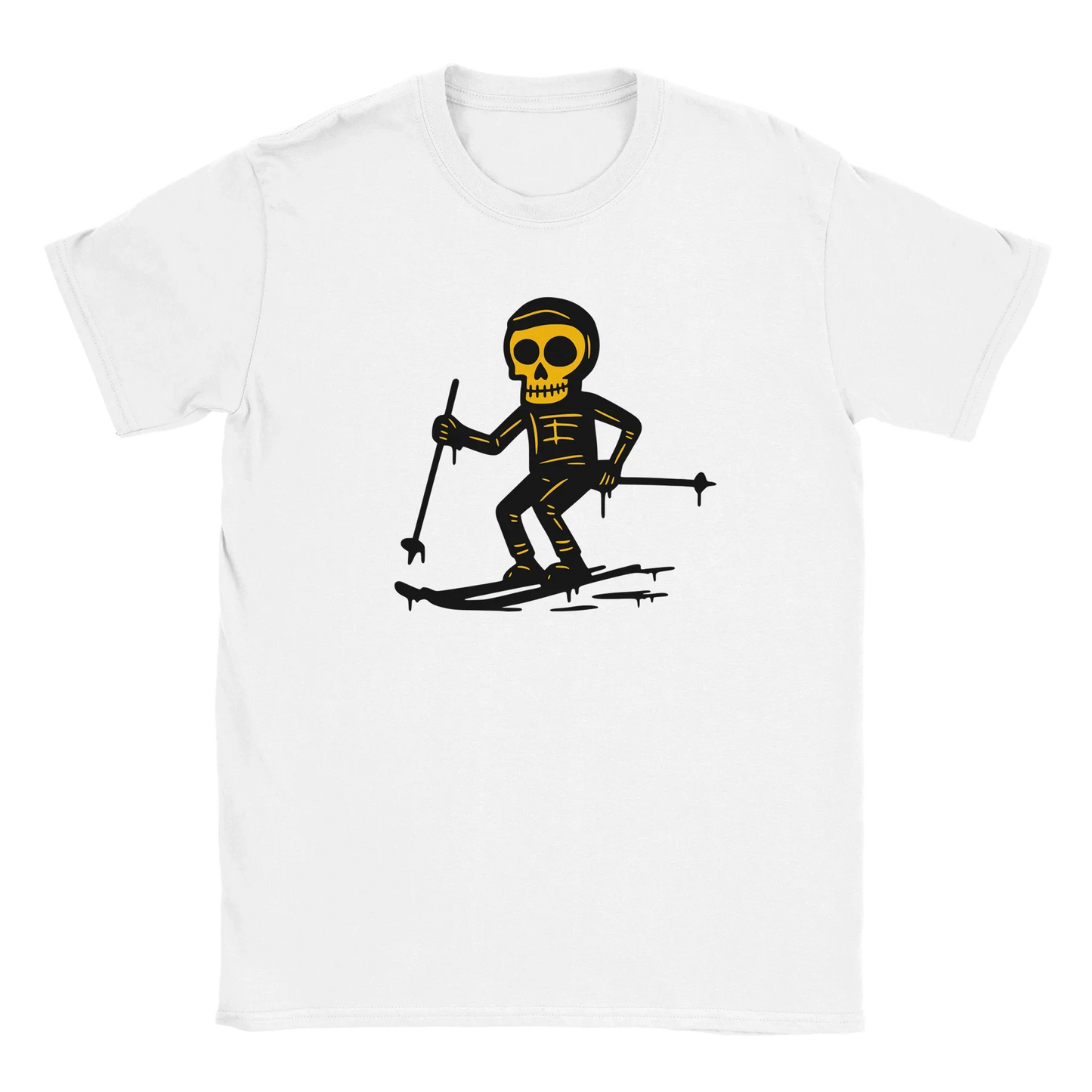 Hiihtäjä T-paita valkoinen lyhythihainen t-paita mustavalkoinen ja keltainen skeleti-hiihtäjä grafiikka