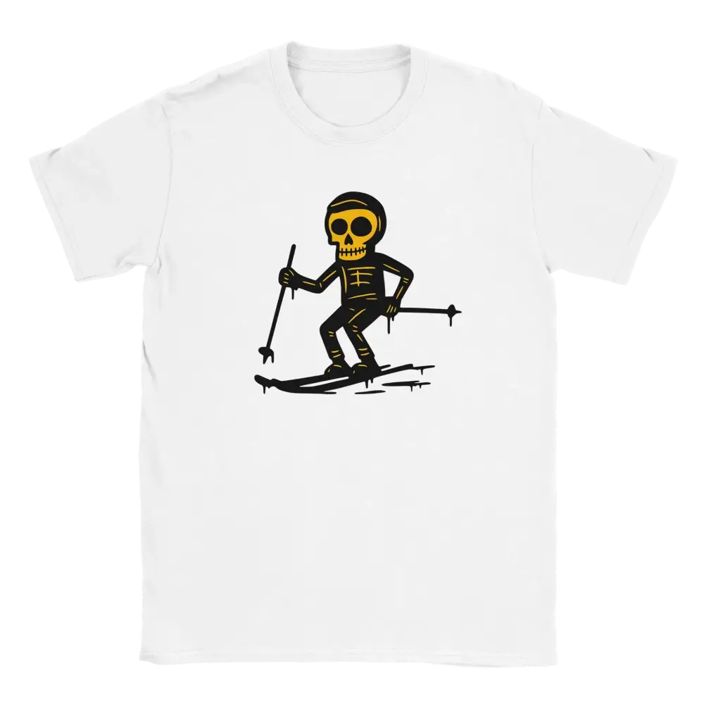Hiihtäjä T-paita valkoinen lyhythihainen t-paita mustavalkoinen ja keltainen skeleti-hiihtäjä grafiikka