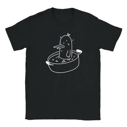 Musta T-paita valkoisella viivapiirroksella hikoilevasta ankan keitinvuoassa