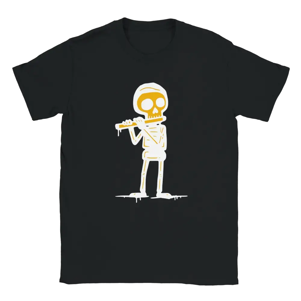 Musta T-paita Huilisti - T-paita, jossa luuranko soittaa fluteaa design