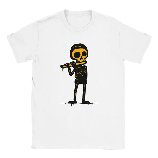 Valkoinen lyhythihainen T-paita Huilisti - T-paita Skeleton soittaa huilua design