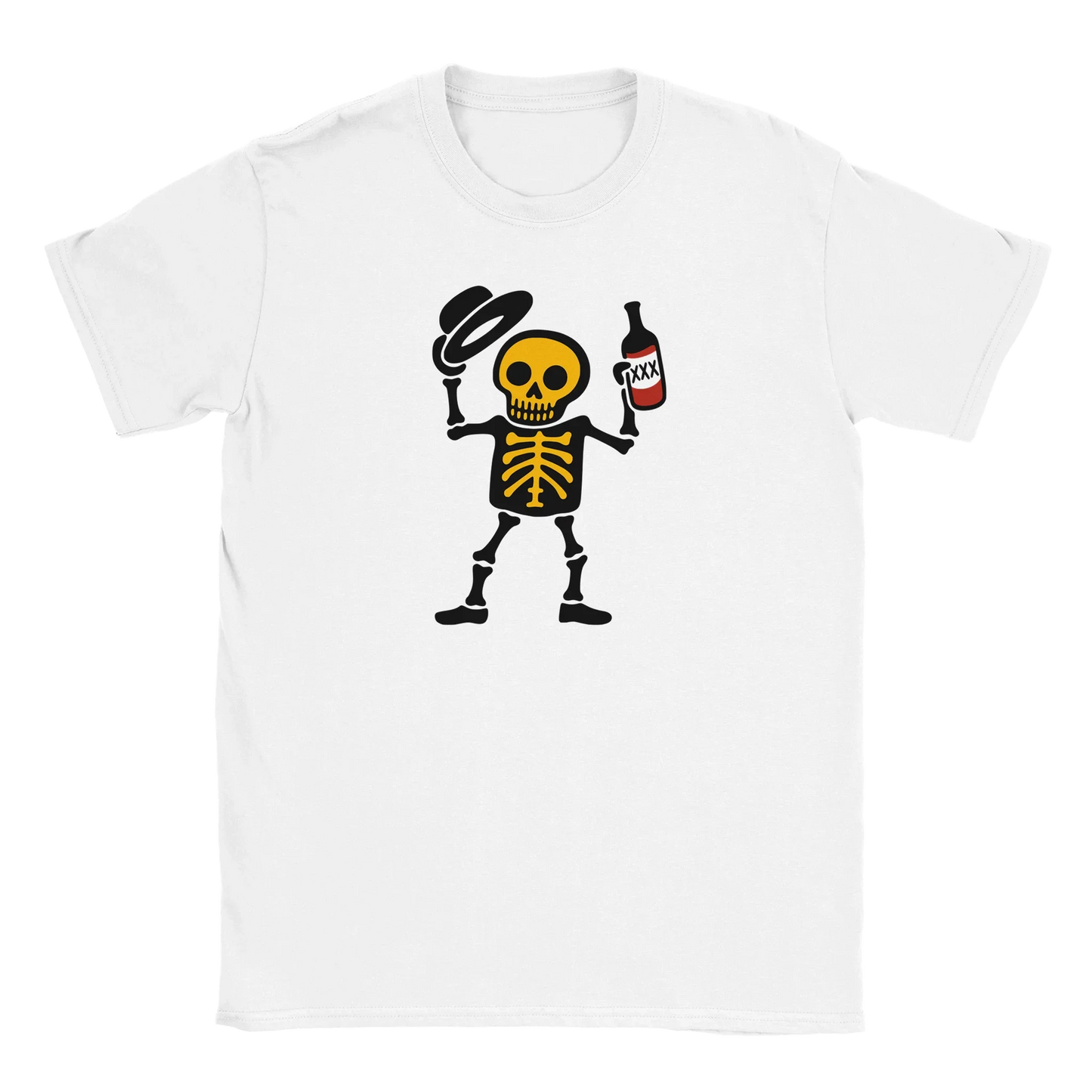 Valkoinen crew-neck T-paita Hyvää päivää - T-paita, jossa sarjakuvahahmo luuranko hattu ja pullo kädessä