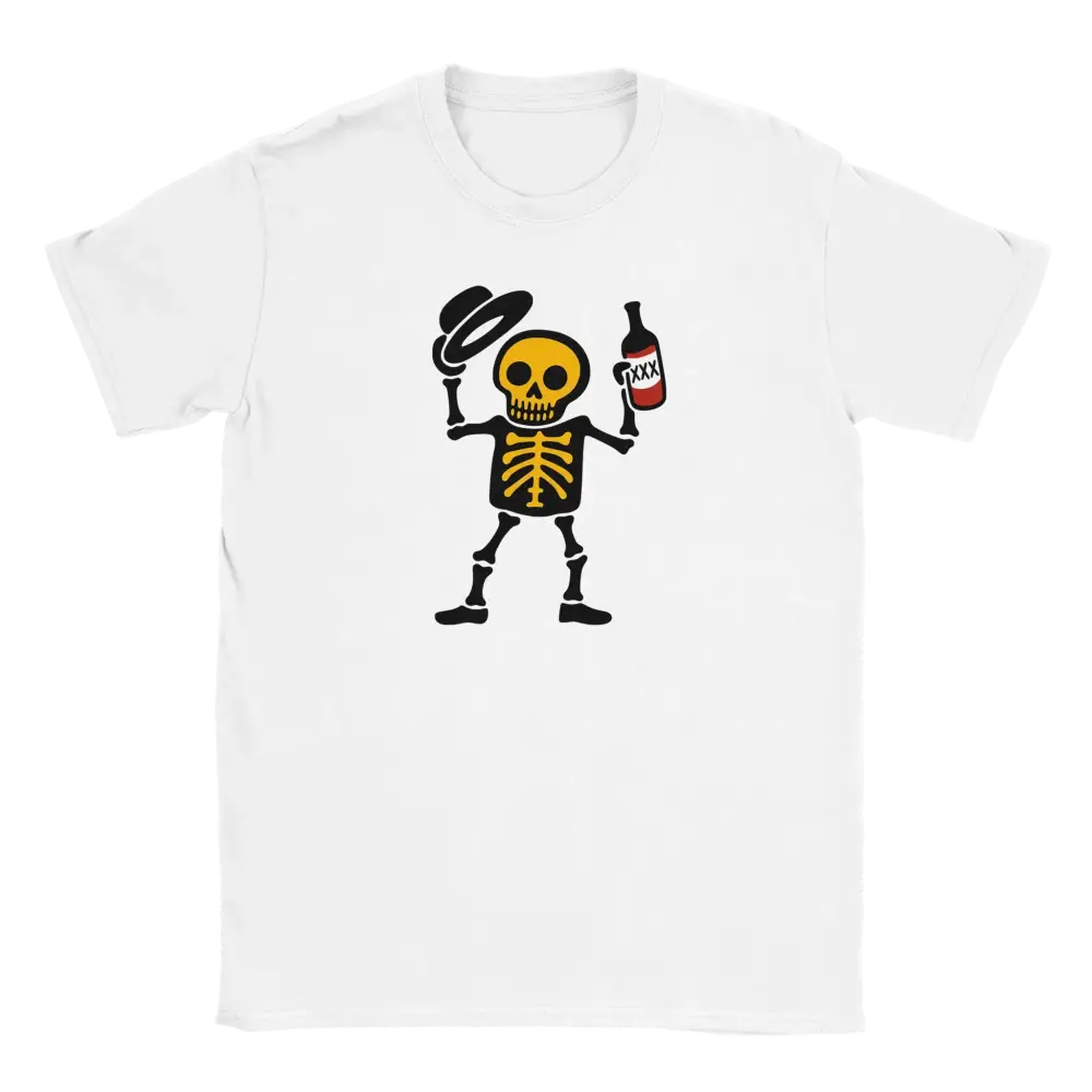 Valkoinen crew-neck T-paita Hyvää päivää - T-paita, jossa sarjakuvahahmo luuranko hattu ja pullo kädessä