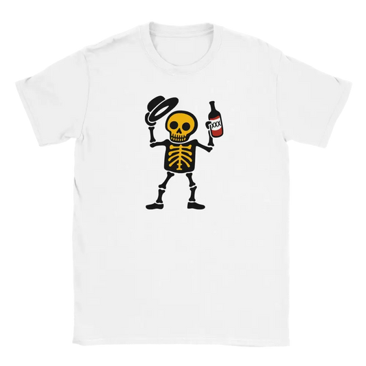 Valkoinen crew-neck T-paita Hyvää päivää - T-paita, jossa sarjakuvahahmo luuranko hattu ja pullo kädessä