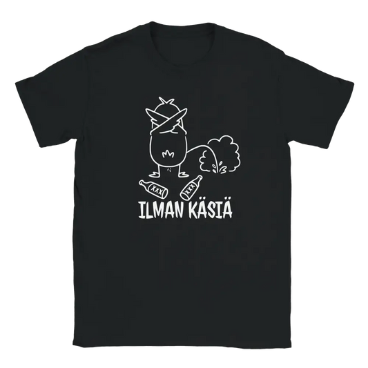 Mustat T-paita valkoisella piirroksella ja kahdella olutpullolla Ilman Käsiä