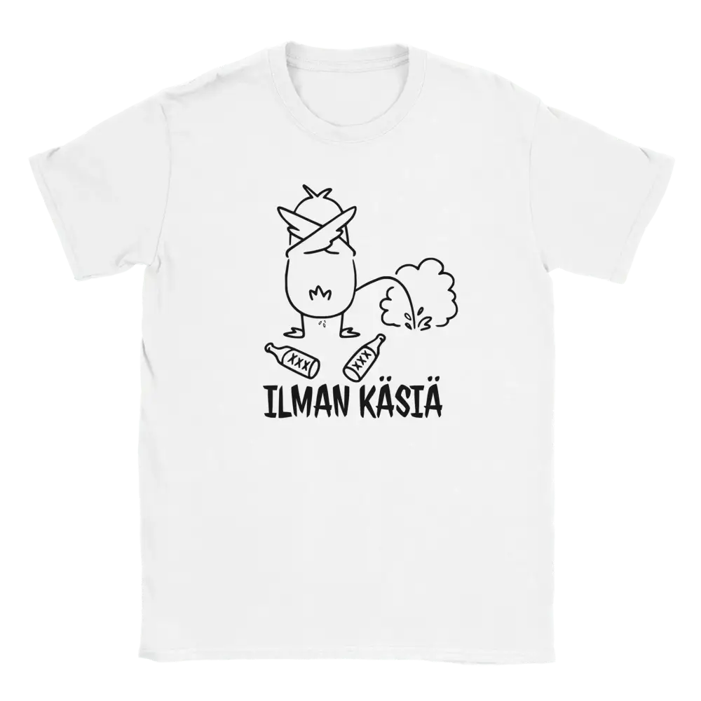 Ilman Käsiä T-paita valkoinen lyhythihainen humoristinen viivapiirros kuva