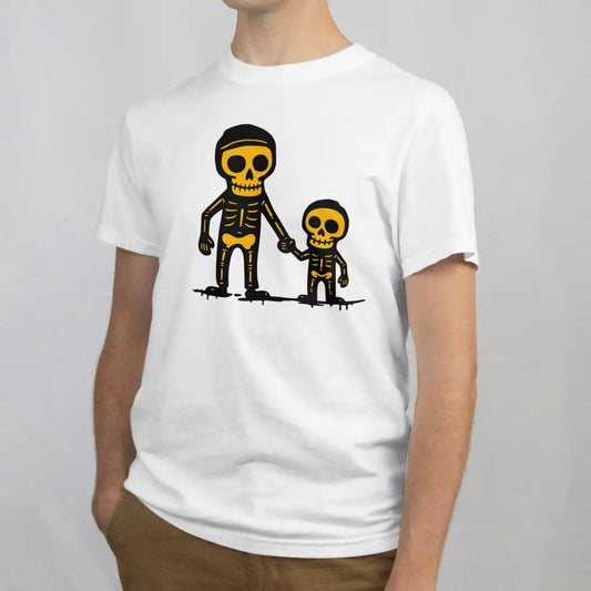 Valkoinen Isä 2 T-paita, jossa kaksi tyyliteltyä luurankoa käsi kädessä