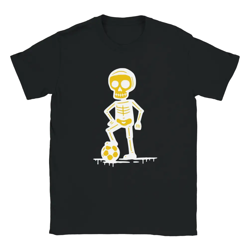 Musta T-paita, jossa keltainen luuranko pelaa jalkapalloa, Jalkapalloilija T-paita