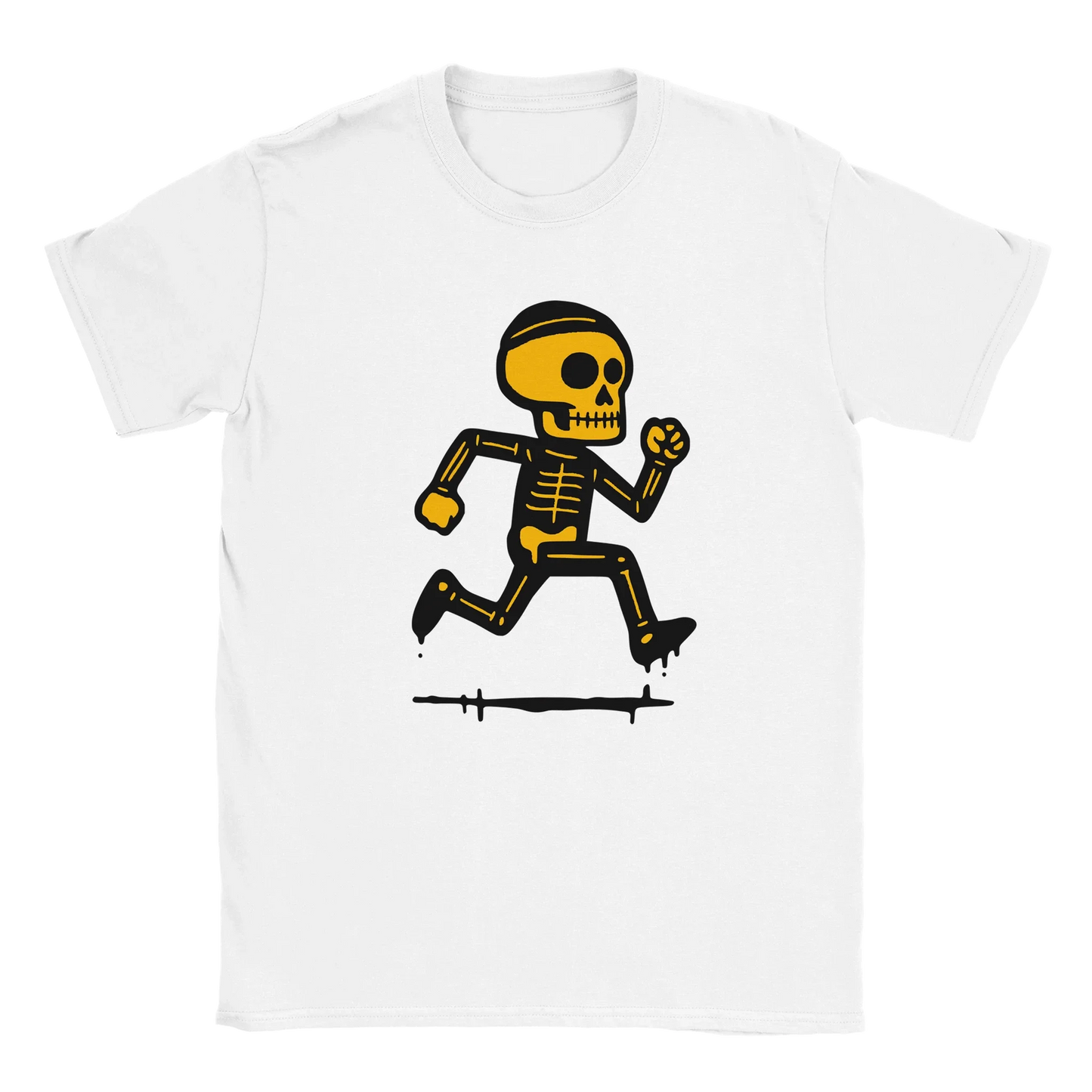 Valkoinen Juoksija T-paita, jossa cartoon-juokseva luuranko design