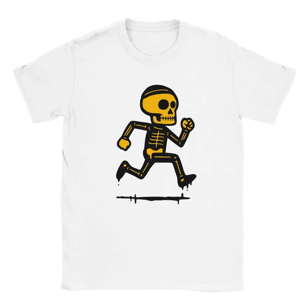 Valkoinen Juoksija T-paita, jossa cartoon-juokseva luuranko design