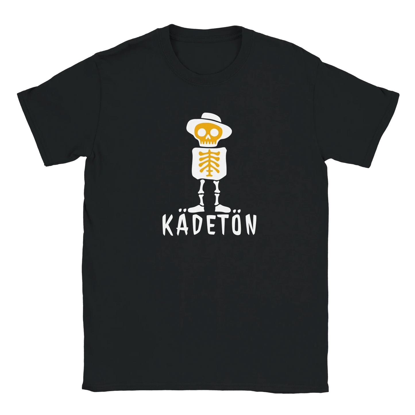 Musta Kädetön T-paita featuring cartoon skeleton with hat and KÅDETÖN print