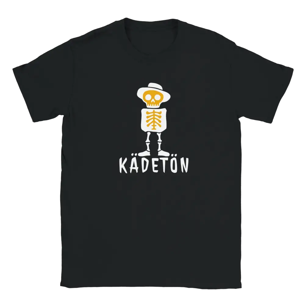 Musta Kädetön T-paita featuring cartoon skeleton with hat and KÅDETÖN print