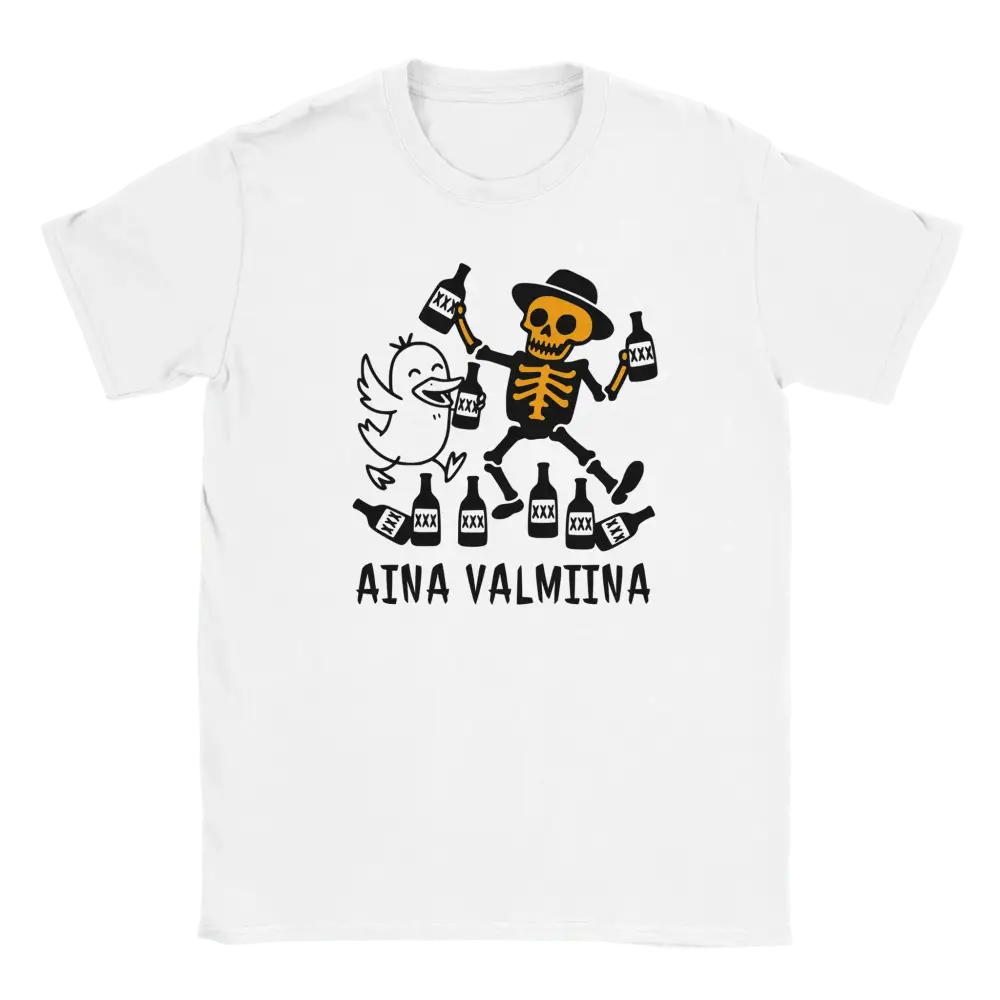 Valkoinen lyhythihainen T-Paita humoristisella luuranko- ja lintografiikalla