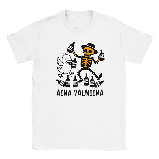 Valkoinen lyhythihainen T-Paita humoristisella luuranko- ja lintografiikalla