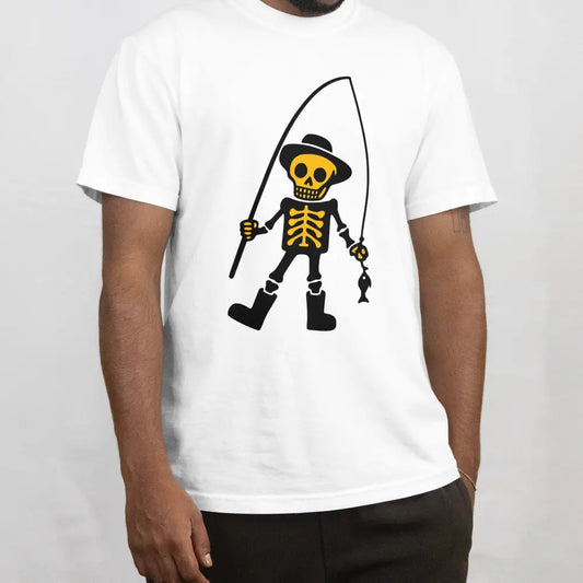 Kalastaja T-paita valkoinen lyhythihainen luuranko kalastaja grafiikalla