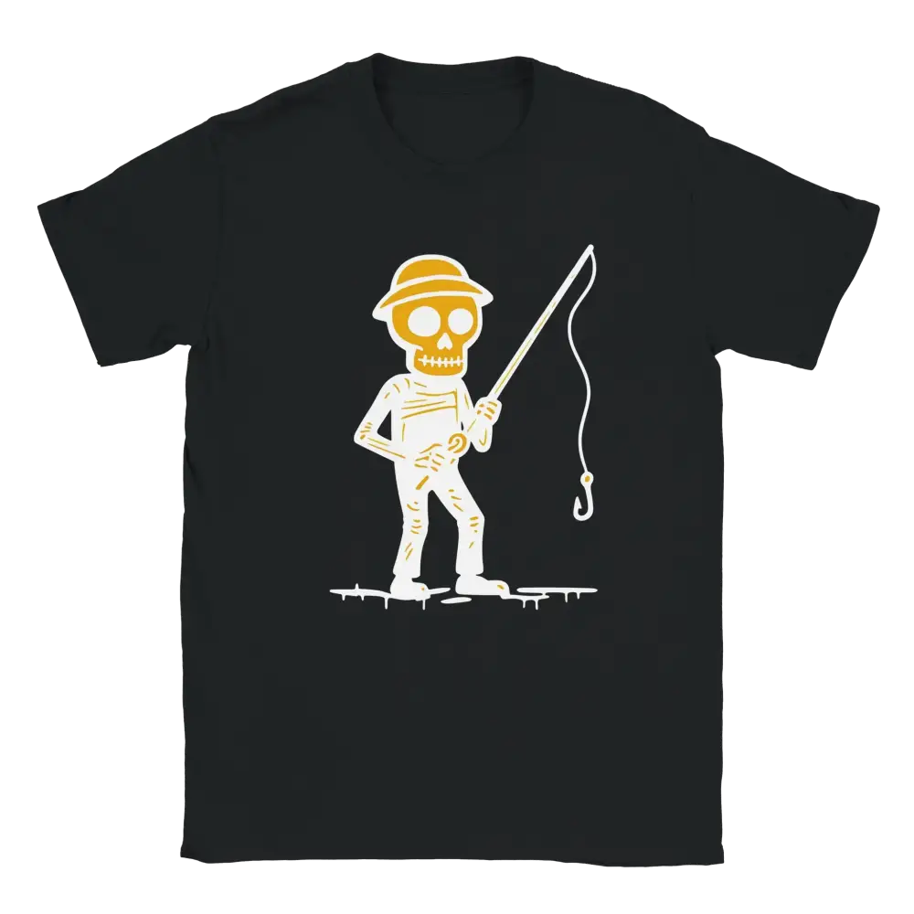 Mustat T-paita Skeletonilla hatissa ja kalastusvavassa Kalastaja - T-paita