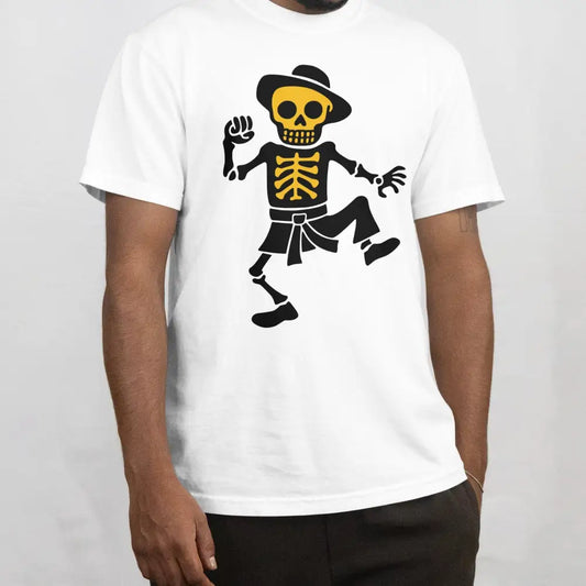 KARATE T-paita valkoinen lyhythihainen crewneck t-paita tanssiva luuranko grafiikalla