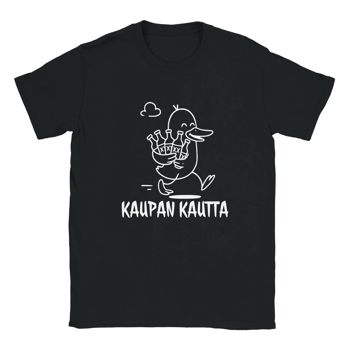Musta T-paita valkoinen ankka ja pulloja kuva, Kaupan Kautta Kotiin - T-paita
