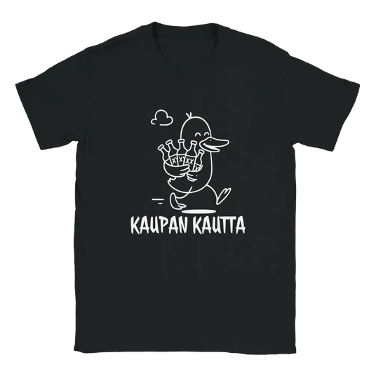 Musta T-paita valkoinen ankka ja pulloja kuva, Kaupan Kautta Kotiin - T-paita