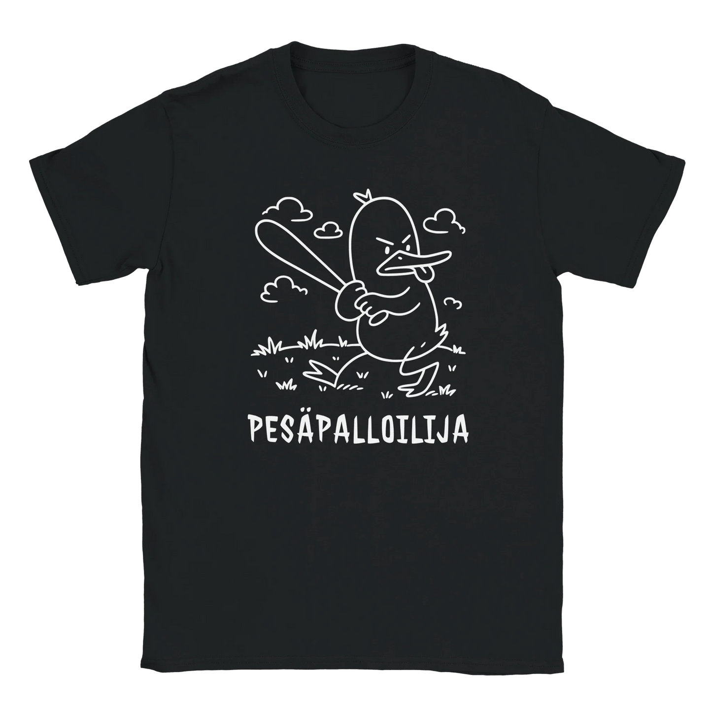 Musta T-paita KentänKuningas ja valkoinen ankka baseball mailalla