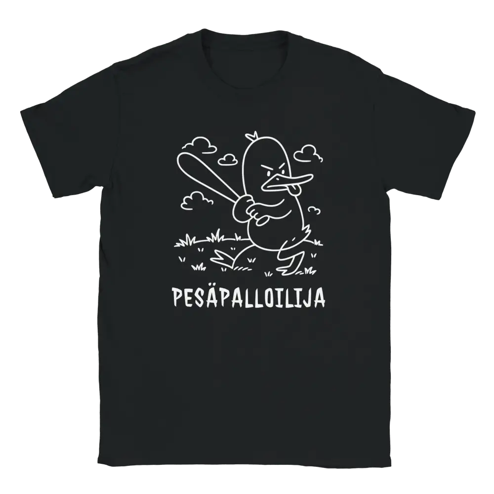 Musta T-paita KentänKuningas ja valkoinen ankka baseball mailalla