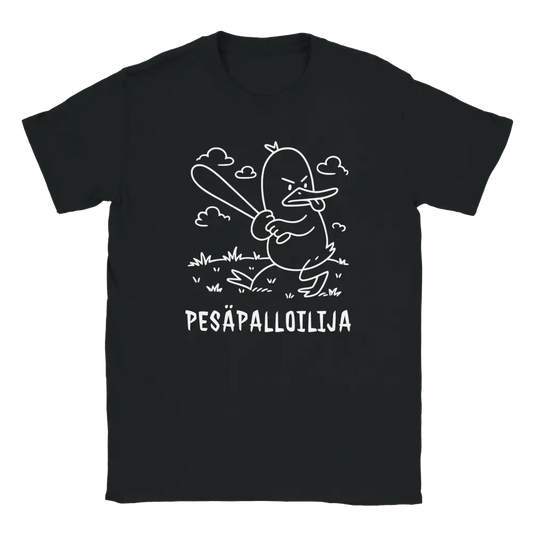 Musta T-paita KentänKuningas ja valkoinen ankka baseball mailalla