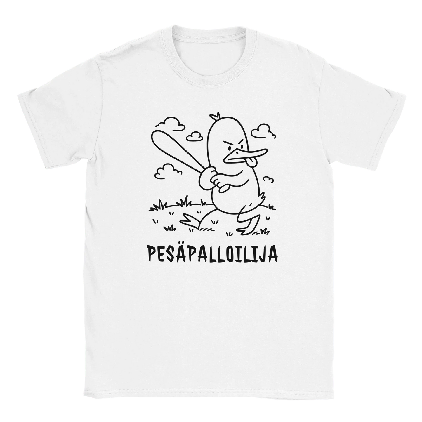 Valkoinen T-paita Angry Duck baseballpampulla kuvalla KentänKuningas-tuotenimellä