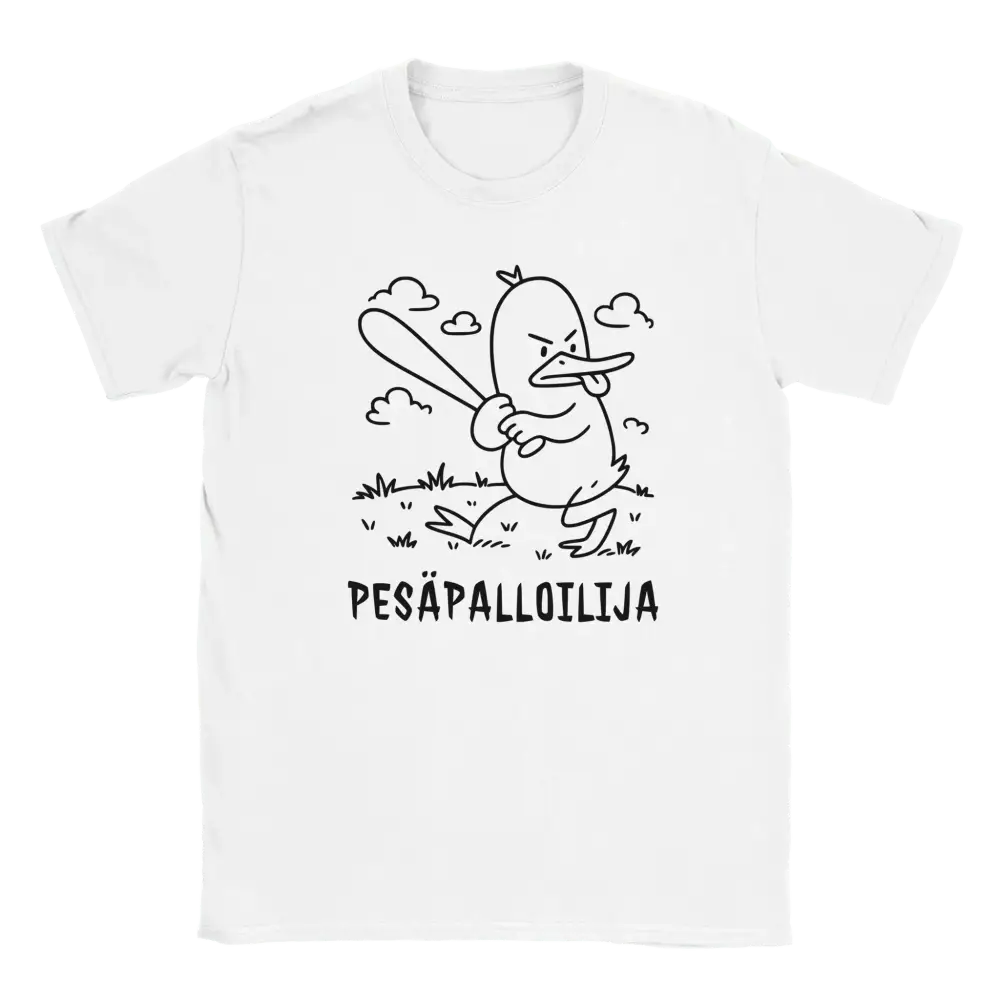 Valkoinen T-paita Angry Duck baseballpampulla kuvalla KentänKuningas-tuotenimellä