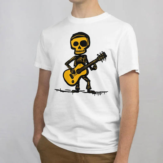 Kitaristi T-paita valkoinen lyhythihainen crewneck-kappali ja kitaralla soiva skeleti