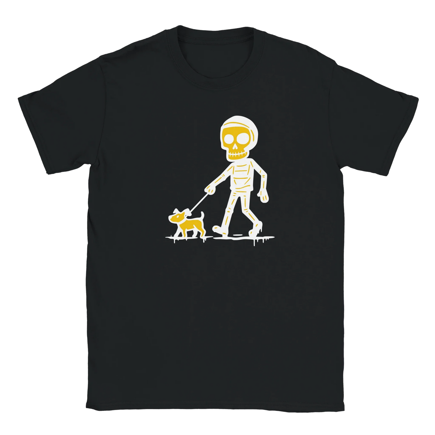 Musta crew neck T-paita Koiran omistaja - T-paita skeletoni kävelee koiraa grafiikalla