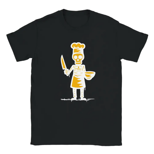 Musta t-paita Skeleton Chef graafikalla Kokki T-paita tuotekuvassa