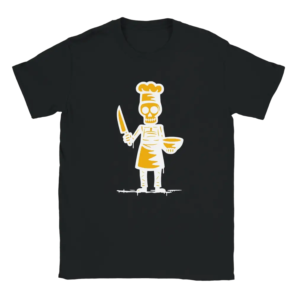 Musta t-paita Skeleton Chef graafikalla Kokki T-paita tuotekuvassa