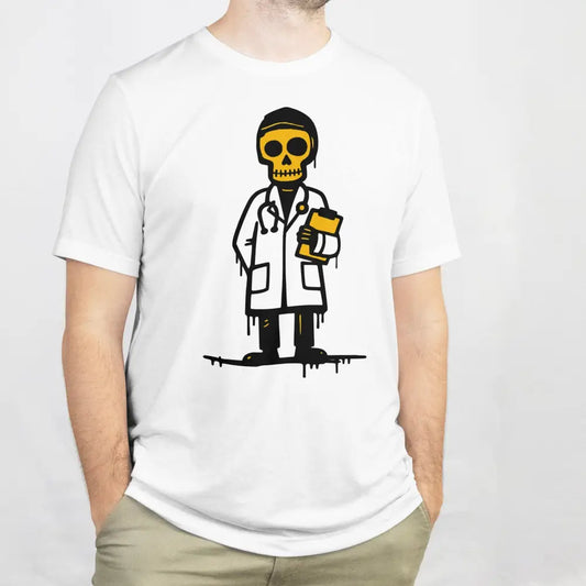 Lääkäri T-paita valkoinen t-paita karikatyyri luuranko lääkärillä grafiikalla