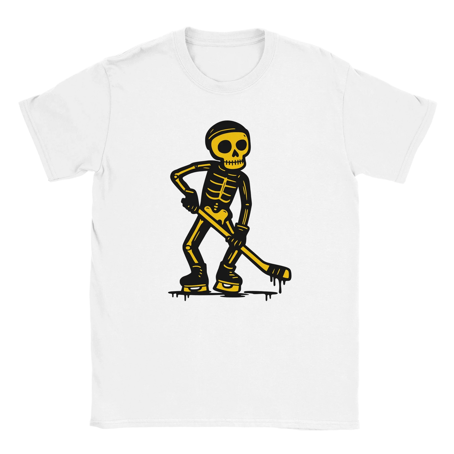 Valkoinen lyhythihainen T-paita Lätkäjätkä Skeleton Hockey Player grafiikalla