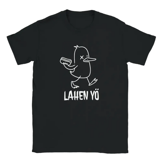 Lahen Yö mustavalkoinen lyhythihainen t-paita, jossa valkoinen ankka hotdogilla