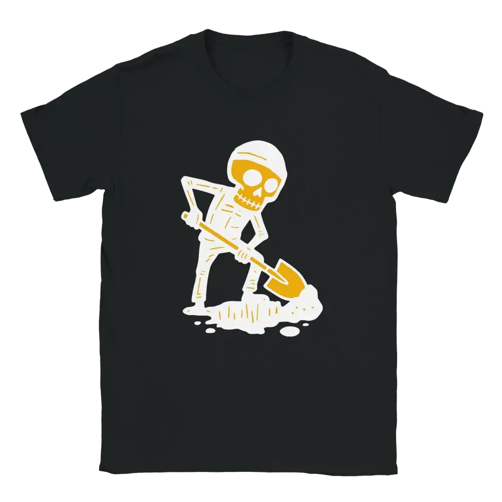 Lapiomies T-paita mustavalkoinen crewneck T-paita luurankokuvio kaivamassa kuoppaa