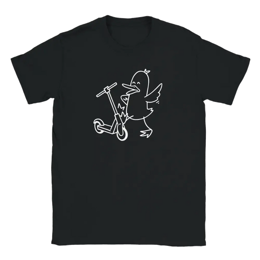 Musta lyhythihainen T-paita, jossa valkoinen lintukuva ajamassa skootteria, Laudat Nurin Ankka