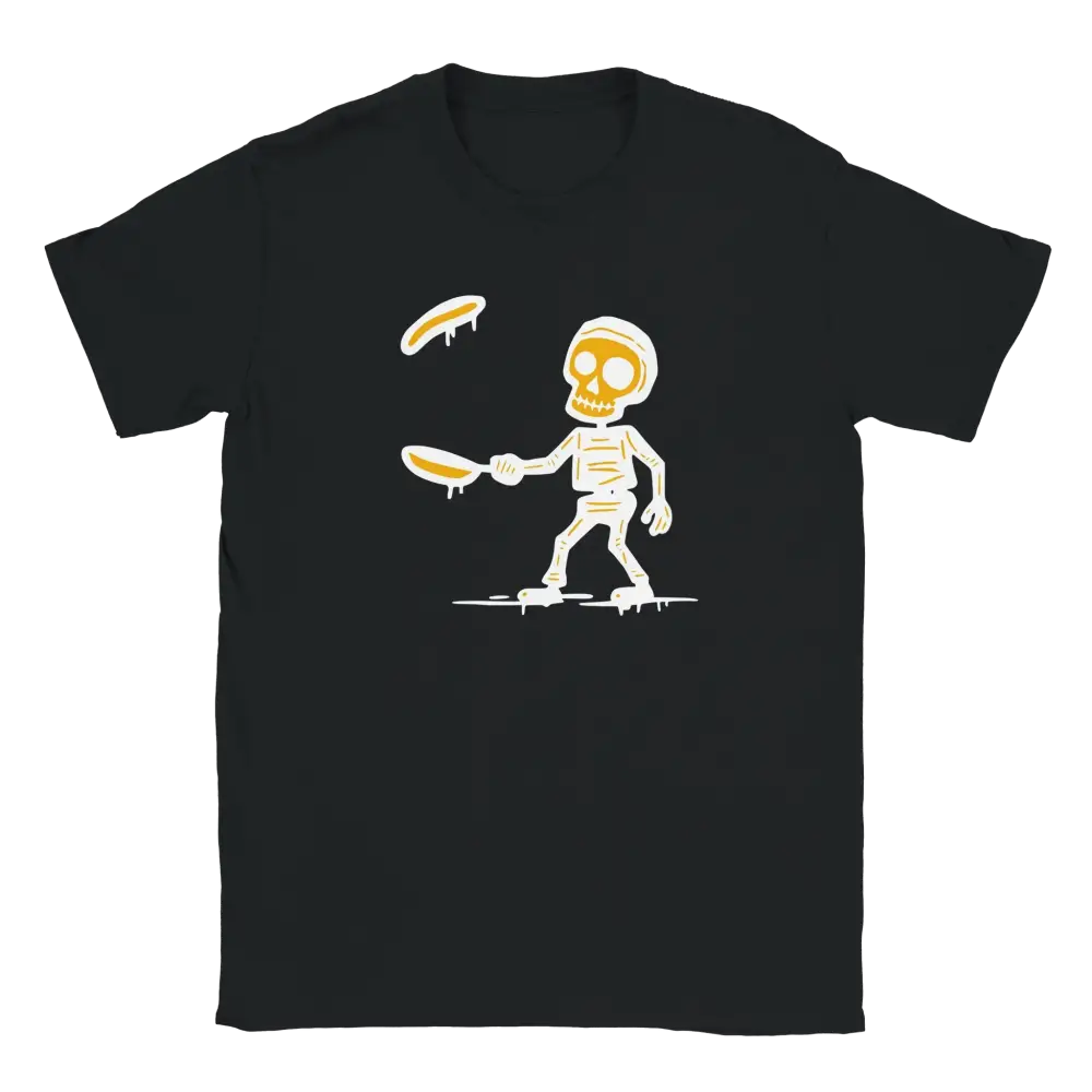 Mustavalkoinen Lettumestari T-paita skeletoni kääntää pannukakkuja design