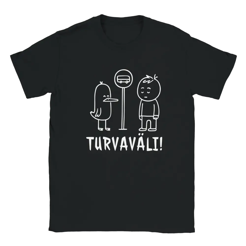Musta lyhythihainen T-paita, valkoinen lintti, bussipysäkkimerkki ja henkilö, teksti TURVAVÄLI!